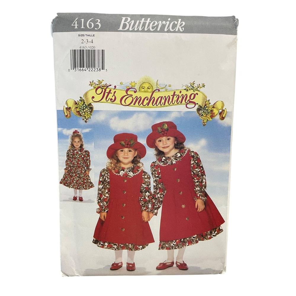 Butterick Sewing Pattern Girls Size 2-3-4 4163 Dress Pinafore Hat Vintage 1986